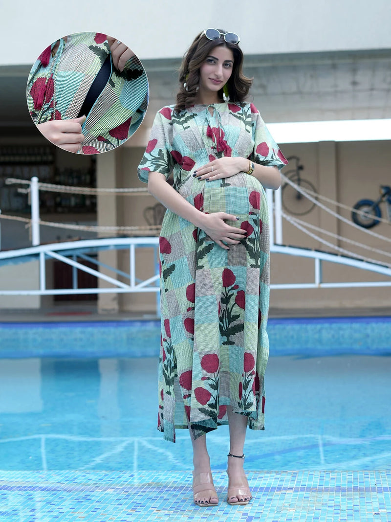 Multicolor Ethnic Printed Maternity & Nursing Midi Dress with Concealed Feeding Zippers