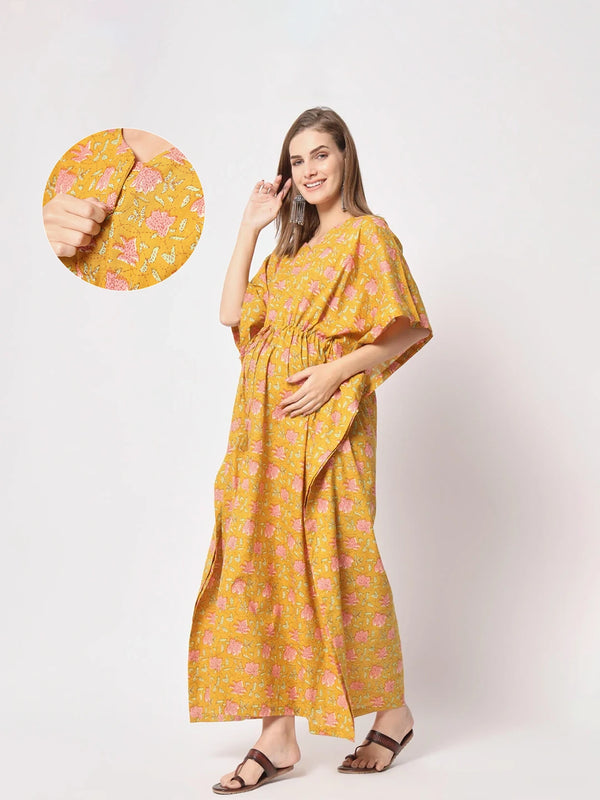Mustard Multi Cotton Floral Print Maternity & Feeding Kaftan Dress with Concealed Zipper