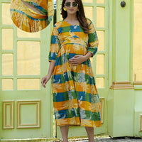 Mustard Multi Ethnic Printed Maternity & Nursing Midi Dress with Concealed Feeding Zippers