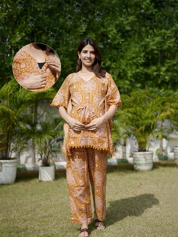 Mustard Ethnic Motifs Print Maternity Feeding-Friendly Kaftan Night Suit with Concealed Zipper