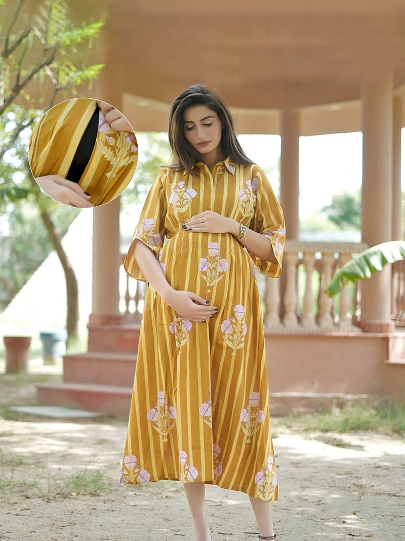 Mustard Ethnic Printed Maternity & Nursing Midi Dress with Concealed Feeding Zippers