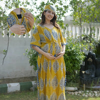 Mustard Indigo Ethnic Print Feeding-Friendly Maternity Kaftan Dress
