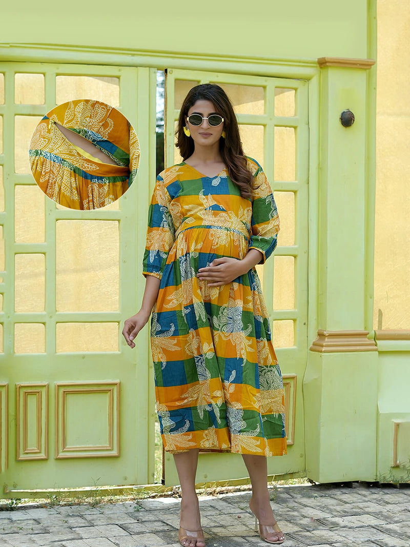 Mustard Multi Ethnic Printed Maternity & Nursing Midi Dress with Concealed Feeding Zippers