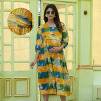 Mustard Multi Ethnic Printed Maternity & Nursing Midi Dress with Concealed Feeding Zippers