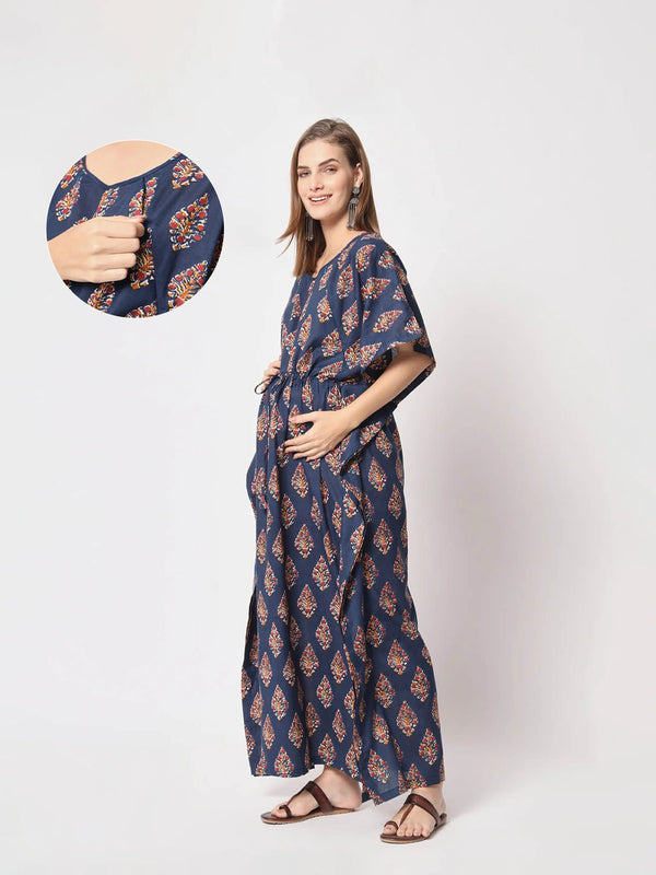 Navy Blue Multi Ethnic Print Maternity & Feeding Kaftan Dress with Concealed Zipper