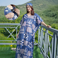Navy Blue Ikat Print Feeding-Friendly Maternity Kaftan Dress