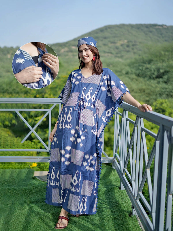 Navy Blue Ikat Print Feeding-Friendly Maternity Kaftan Dress