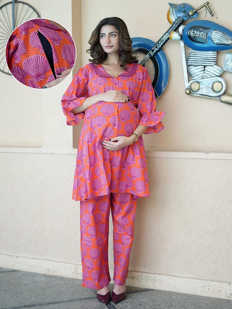 Orange Purple Tropical Printed Maternity & Feeding Friendly Cotton Co-ord Set