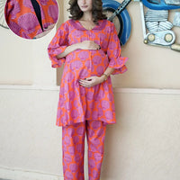 Orange Purple Tropical Printed Maternity & Feeding Friendly Cotton Co-ord Set