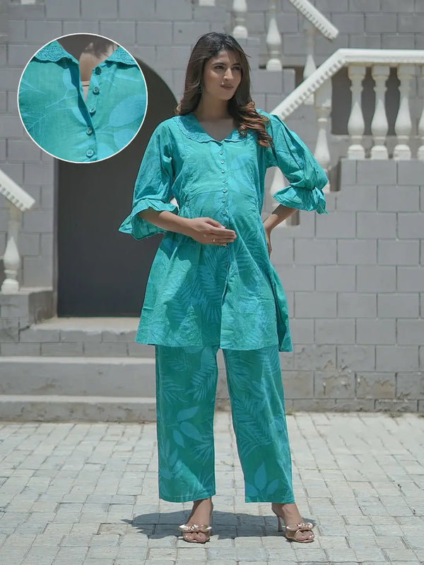 Sea Green Tropical Printed Maternity & Feeding Friendly Cotton Co-ord Set
