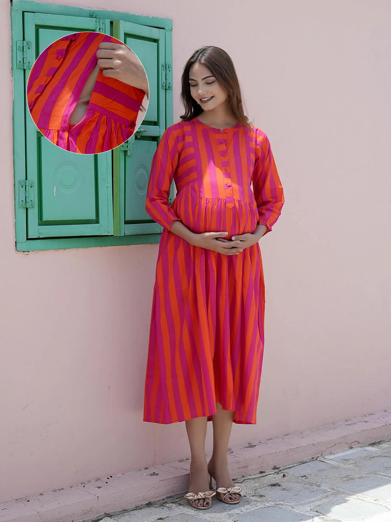 Orange Fuchsia Striped Printed Maternity & Nursing Midi Dress with Concealed Feeding Zippers
