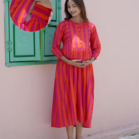Orange Fuchsia Striped Printed Maternity & Nursing Midi Dress with Concealed Feeding Zippers