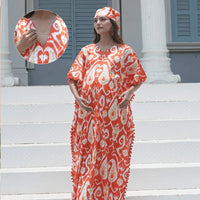 Orange Ikat Print Maternity & Feeding Kaftan Dress with Concealed Zipper