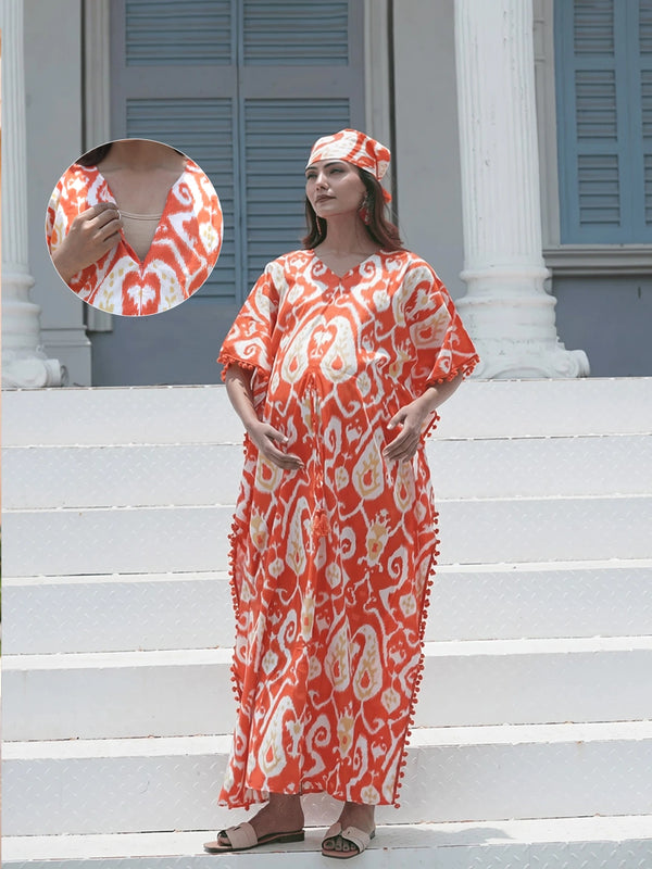 Orange Ikat Print Maternity & Feeding Kaftan Dress with Concealed Zipper