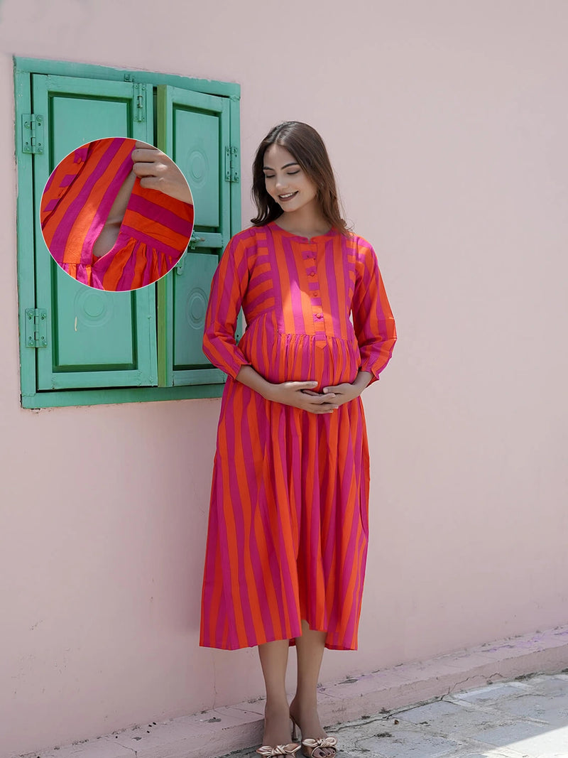 Orange Fuchsia Striped Printed Maternity & Nursing Midi Dress with Concealed Feeding Zippers