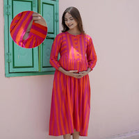 Orange Fuchsia Striped Printed Maternity & Nursing Midi Dress with Concealed Feeding Zippers