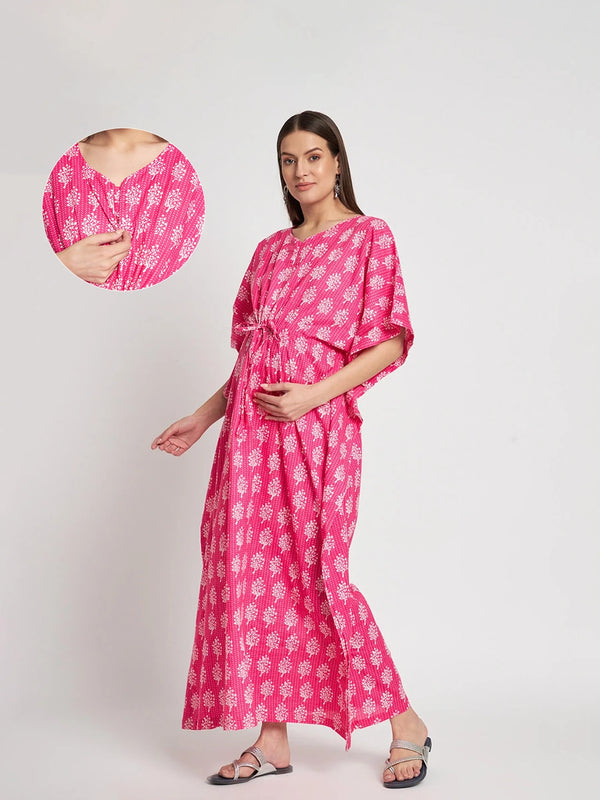 Pink Cotton Ethnic Print Maternity & Feeding Kaftan Dress with Concealed Zipper