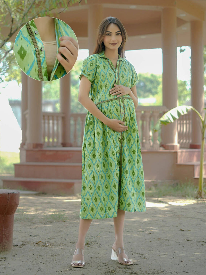 Pista Green Ikat Printed Maternity & Nursing Midi Dress with Concealed Feeding Zippers