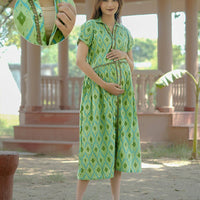 Pista Green Ikat Printed Maternity & Nursing Midi Dress with Concealed Feeding Zippers
