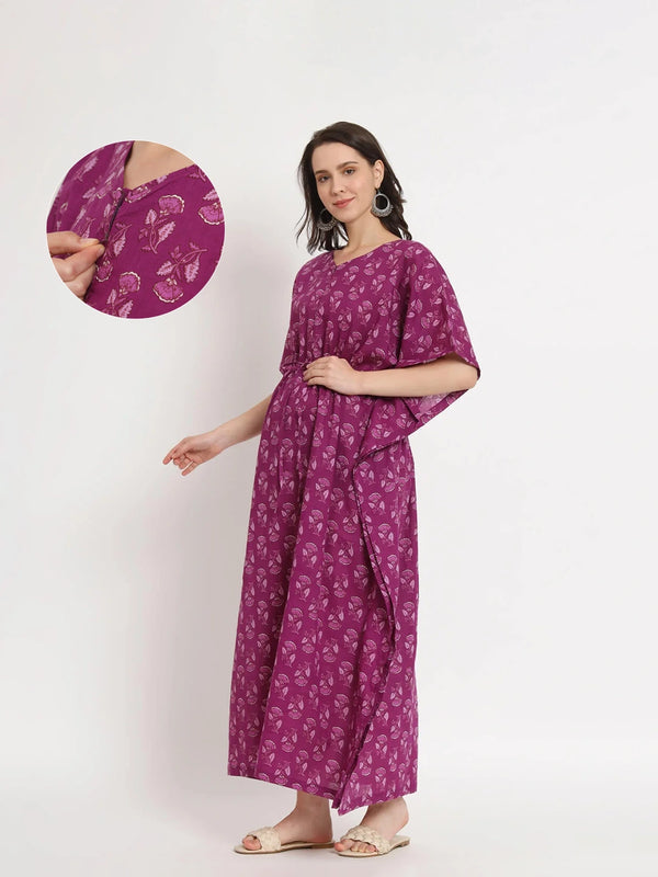 Purple Ethnic Print Maternity & Feeding Kaftan Dress with Concealed Zipper