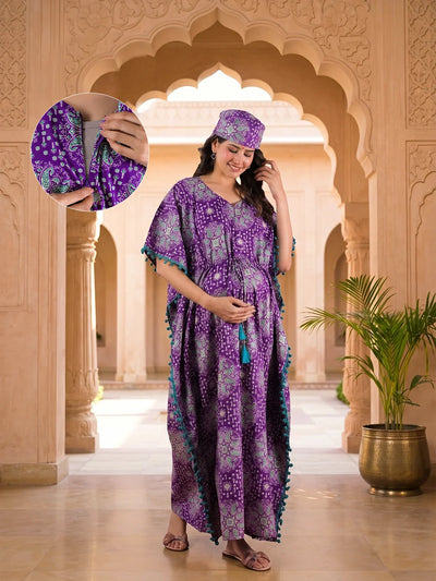 Purple Green Ethnic Print Cotton Maternity Feeding-Friendly Kaftan Dress