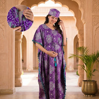 Purple Green Ethnic Print Cotton Maternity Feeding-Friendly Kaftan Dress