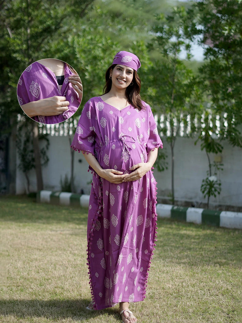 Purple Ethnic Print Feeding-Friendly Maternity Kaftan Dress