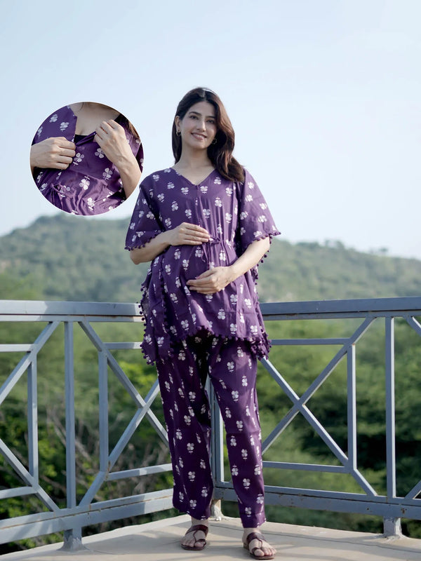 Purple Floral Print Maternity Feeding-Friendly Kaftan Night Suit with Concealed Zipper