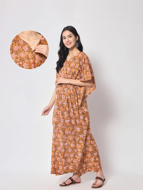 Rust Multi Cotton Floral Print Maternity & Feeding Kaftan Dress with Concealed Zipper