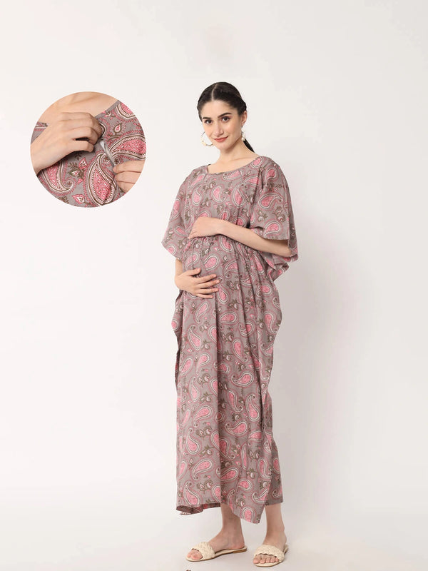 Taupe Pink Cotton Ethnic Print Maternity & Feeding Kaftan Dress with Concealed Zipper