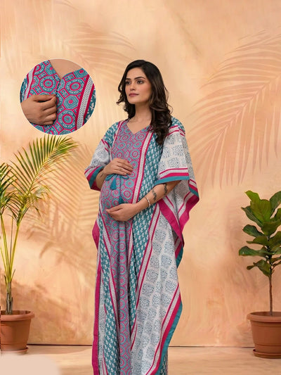Teal Blue Ethnic Print Maternity & Feeding Kaftan Dress