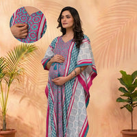 Teal Blue Ethnic Print Maternity & Feeding Kaftan Dress