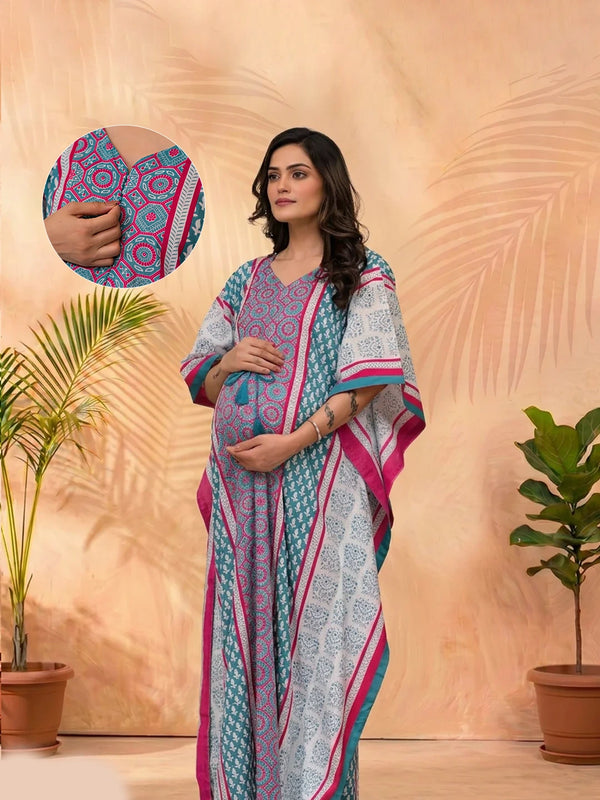 Teal Blue Ethnic Print Maternity & Feeding Kaftan Dress