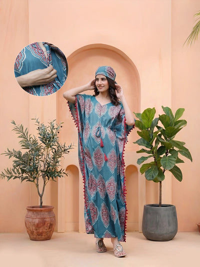 Teal Blue Ethnic Printed Maternity & Feeding Kaftan Dress with Concealed Zipper