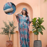 Teal Blue Ethnic Printed Maternity & Feeding Kaftan Dress with Concealed Zipper