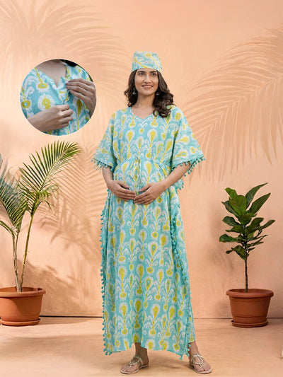 Turquoise Blue Ethnic Print Maternity & Feeding Kaftan Dress
