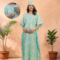 Turquoise Blue Ethnic Print Maternity & Feeding Kaftan Dress