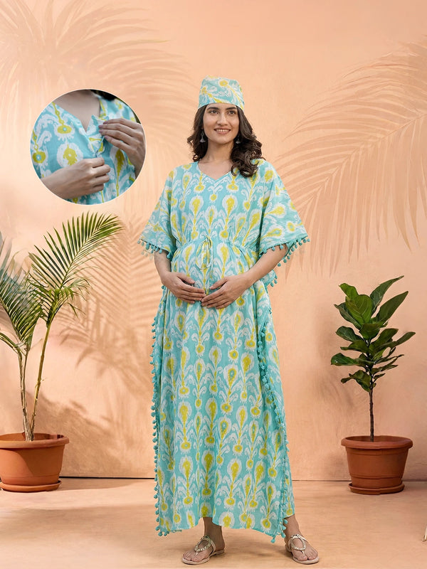 Turquoise Blue Ethnic Print Maternity & Feeding Kaftan Dress