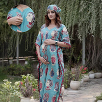 Turquoise Multi Ethnic Print Maternity & Feeding Kaftan Dress with Concealed Zipper