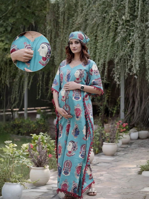 Turquoise Multi Ethnic Print Maternity & Feeding Kaftan Dress with Concealed Zipper
