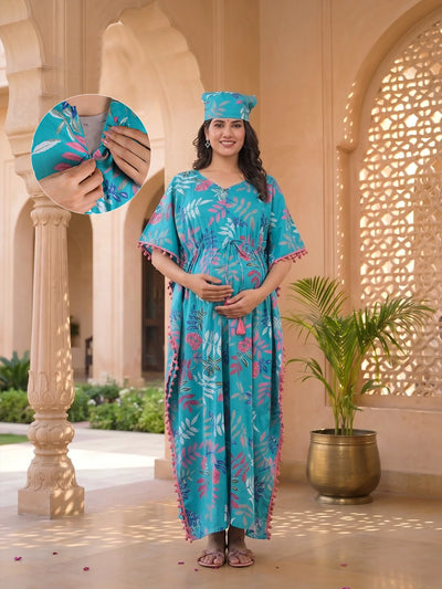 Turquoise Multi Tropical Print Cotton Maternity Feeding-Friendly Kaftan Dress