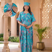 Turquoise Multi Tropical Print Cotton Maternity Feeding-Friendly Kaftan Dress