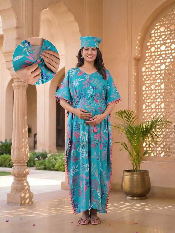 Turquoise Multi Tropical Print Cotton Maternity Feeding-Friendly Kaftan Dress