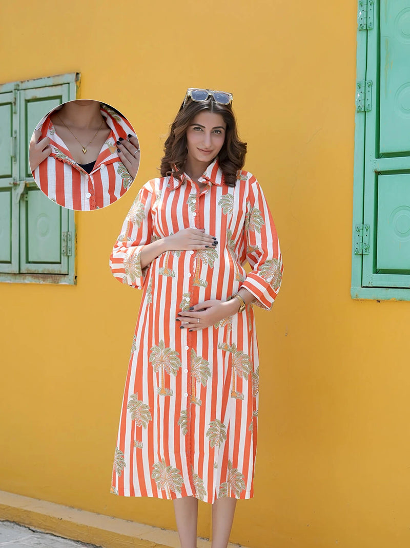 White Orange Tropical Printed Maternity & Nursing Midi Dress