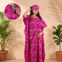 Wine White Floral Print Cotton Maternity Feeding-Friendly Kaftan Dress