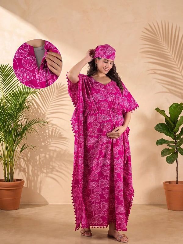 Wine White Floral Print Cotton Maternity Feeding-Friendly Kaftan Dress