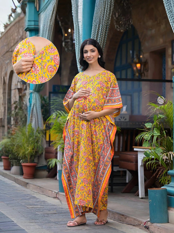Yellow Multi Floral Print Maternity & Feeding Kaftan Dress with Concealed Zipper