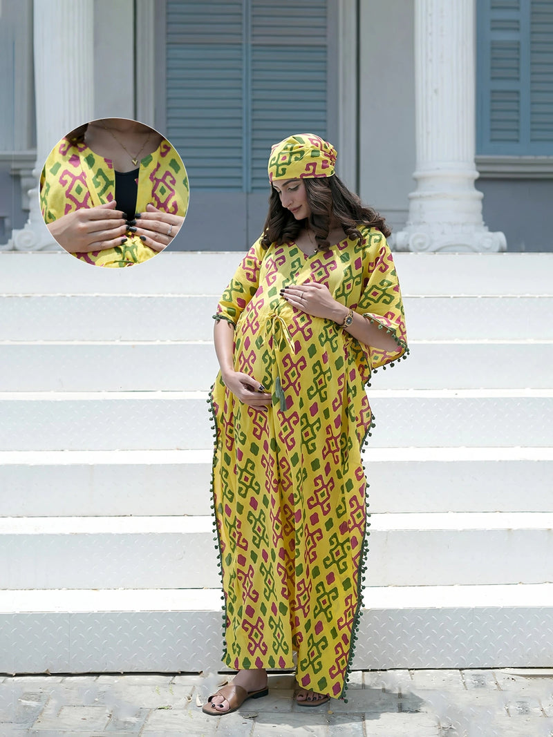 Yellow Multi Ikat Print Maternity & Feeding Kaftan Dress with Concealed Zipper
