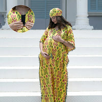 Yellow Multi Ikat Print Maternity & Feeding Kaftan Dress with Concealed Zipper