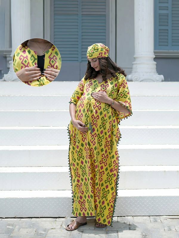 Yellow Multi Ikat Print Maternity & Feeding Kaftan Dress with Concealed Zipper